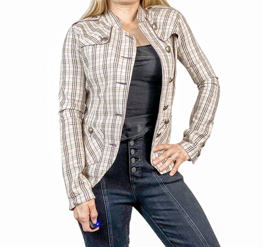 Volcom Daytime Dreamer Plaid Military Shacket Jacket Tan Brown Purple Sz XS